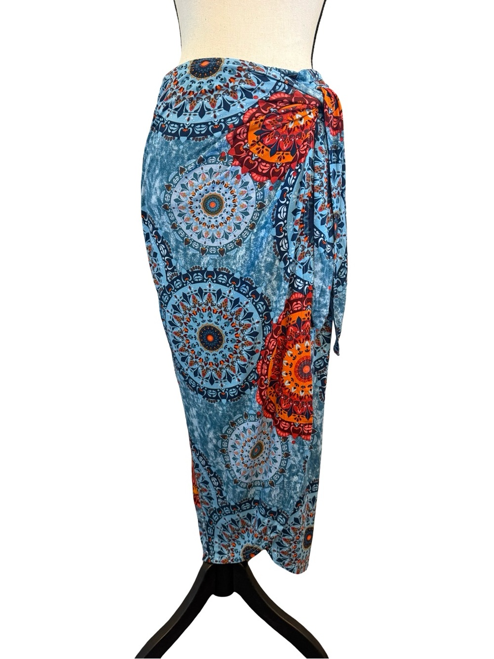 Witsmile Boho Mandala Wrap Maxi Skirt Blue Orange Tie Waist Size Small